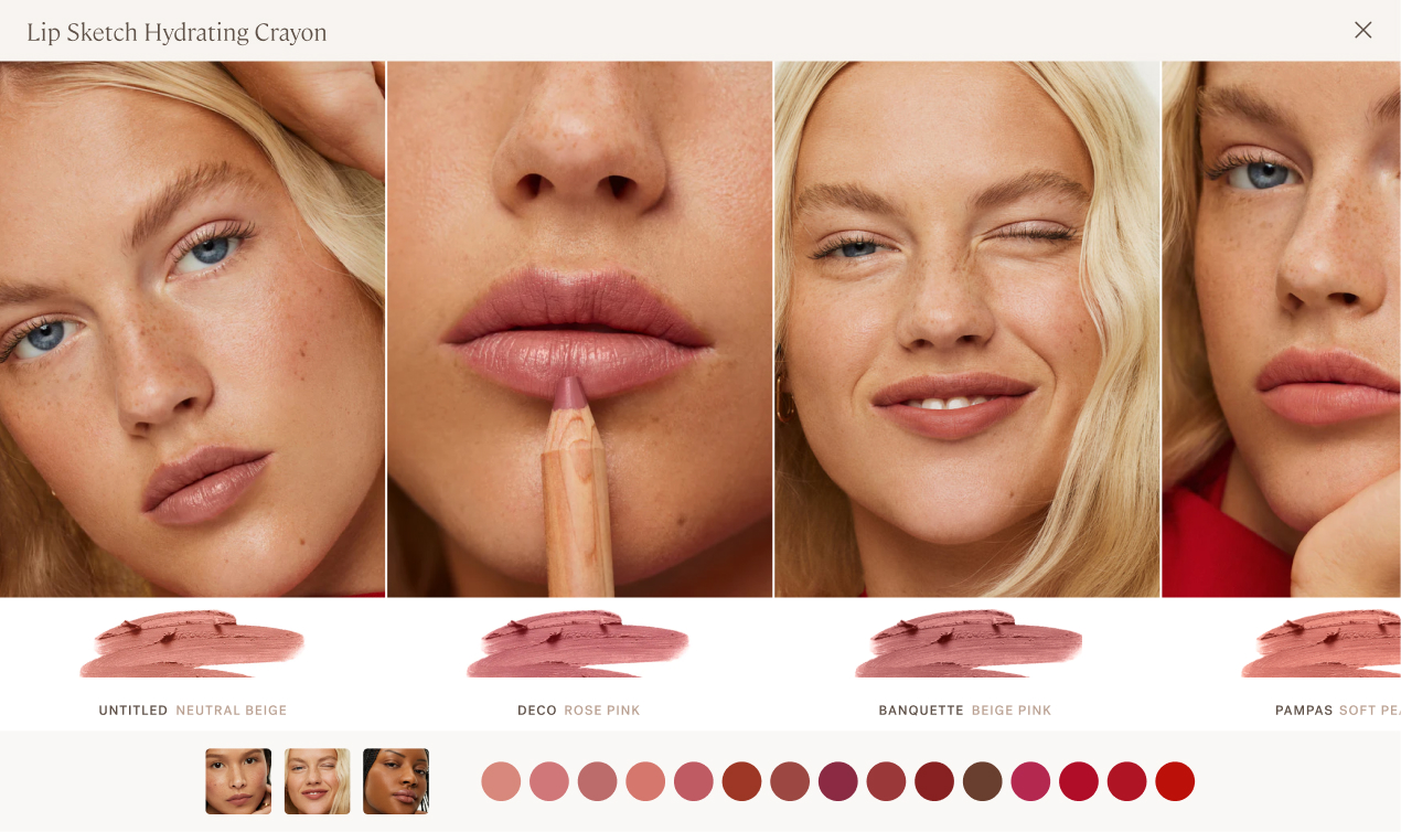 Unified, comparative view with the shade name + smear + model wearing the product-desktop.