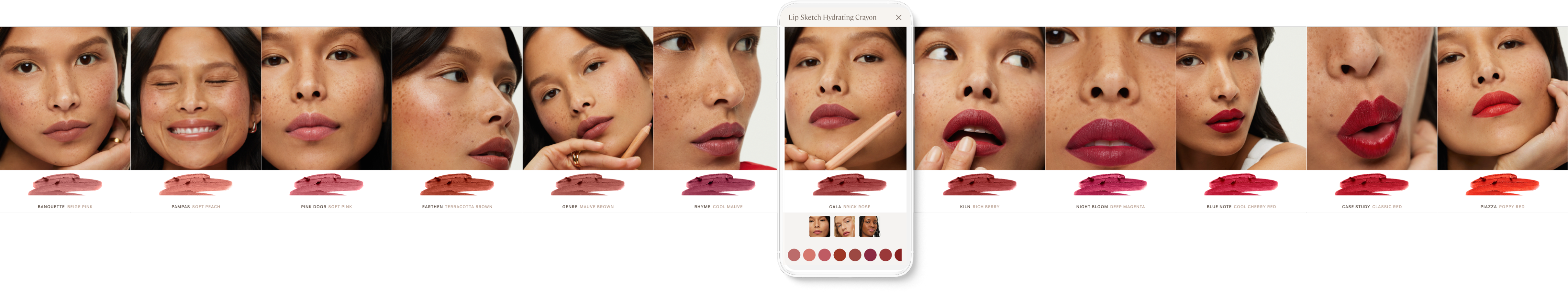 Full array of all shade comparison photos laid under the iphone viewport frame.