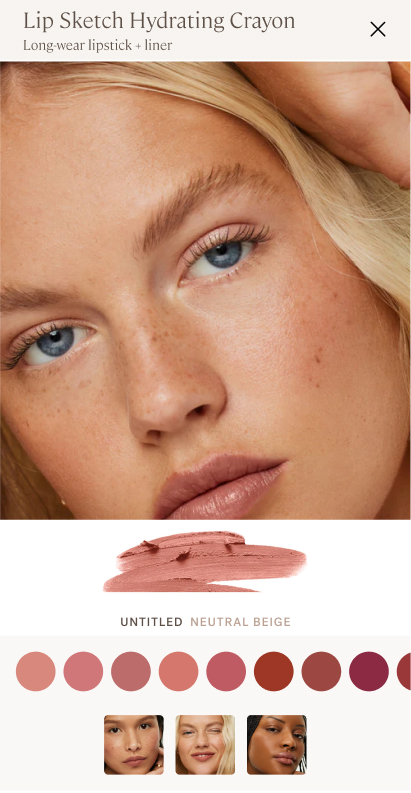 Unified, comparative view with the shade name + smear + model wearing the product-mobile.