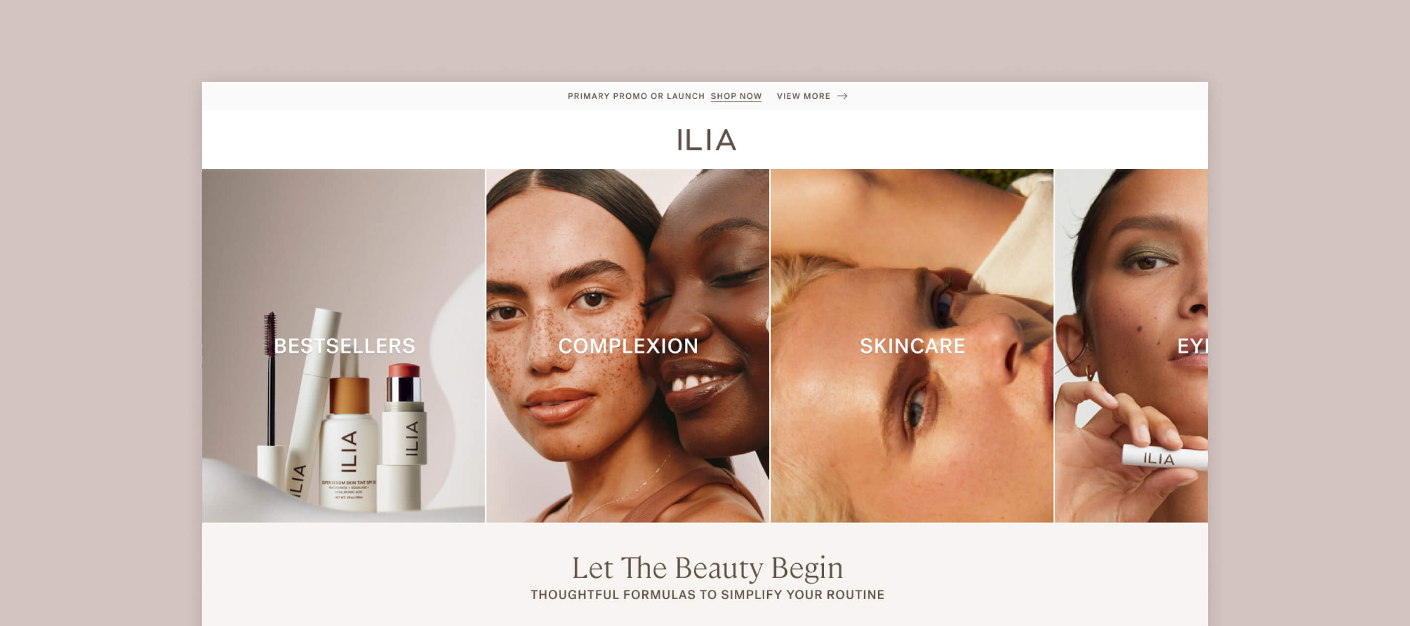 Hero image of ILIA Beauty home screen.